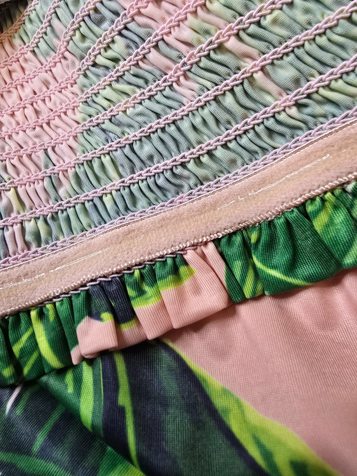 JUDITH MARCH PALM TREES PRINT LONG STRAPLESS DRESS LT PINK/GREEN RARE SZ: LG NWT
