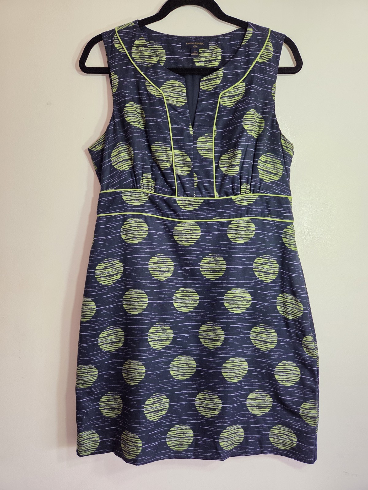 BANANA REPUBLIC Size 12 Petite Navy Blue Green A-LinePolka Dot Sleeveless Dress