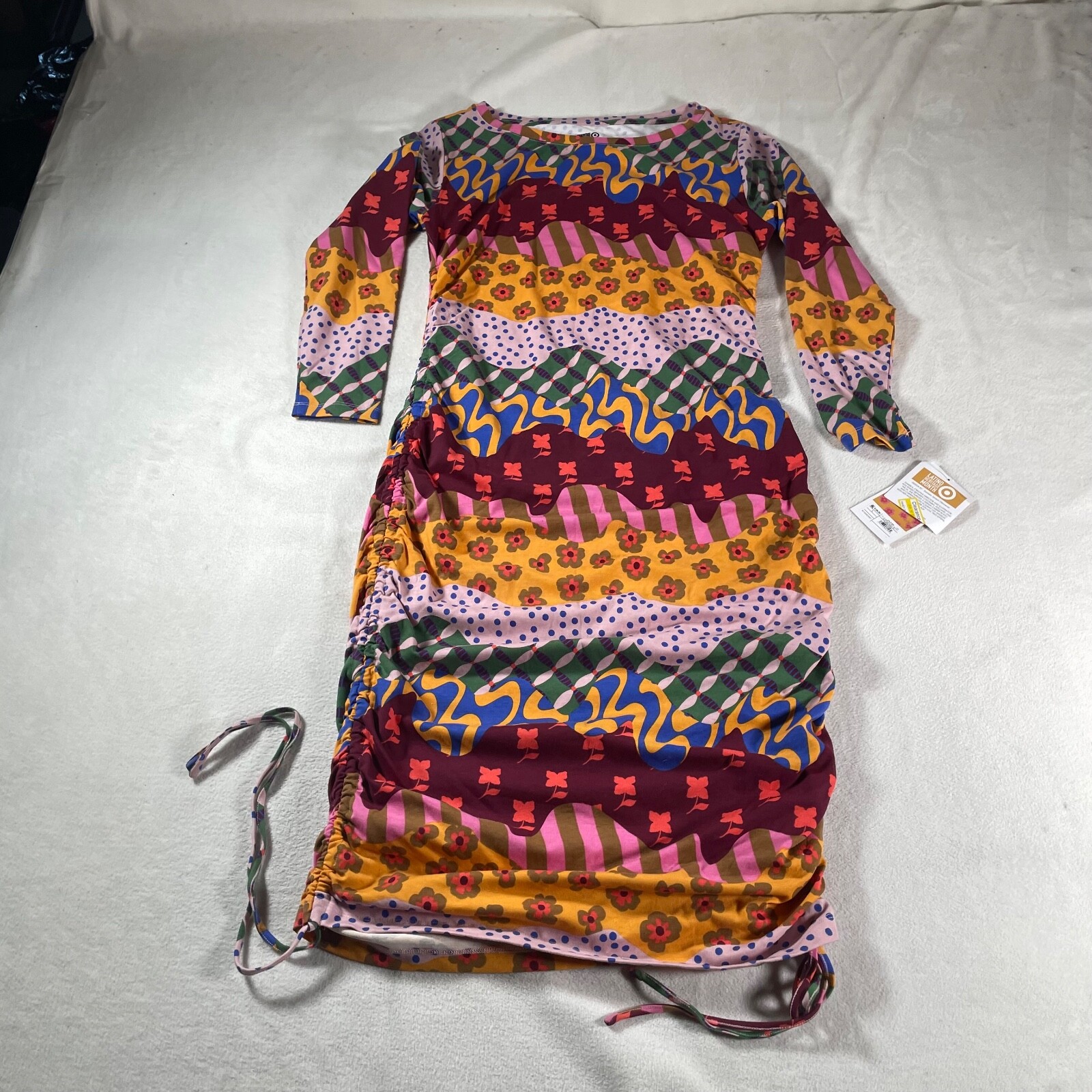 Aztec Dress Womens Midi Large Yellow Rainbow Latino Boho Hippie Southwest New