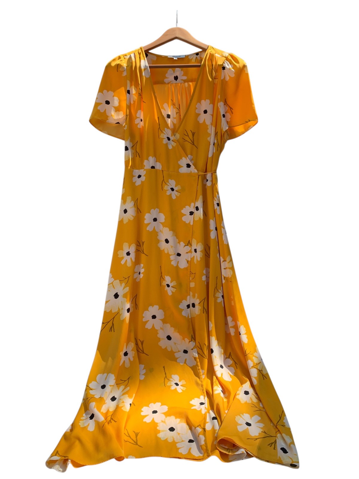 MADEWELL Puff Sleeve Wrap Dress Ikat Floral Midi Boho SZ LARGE Yellow