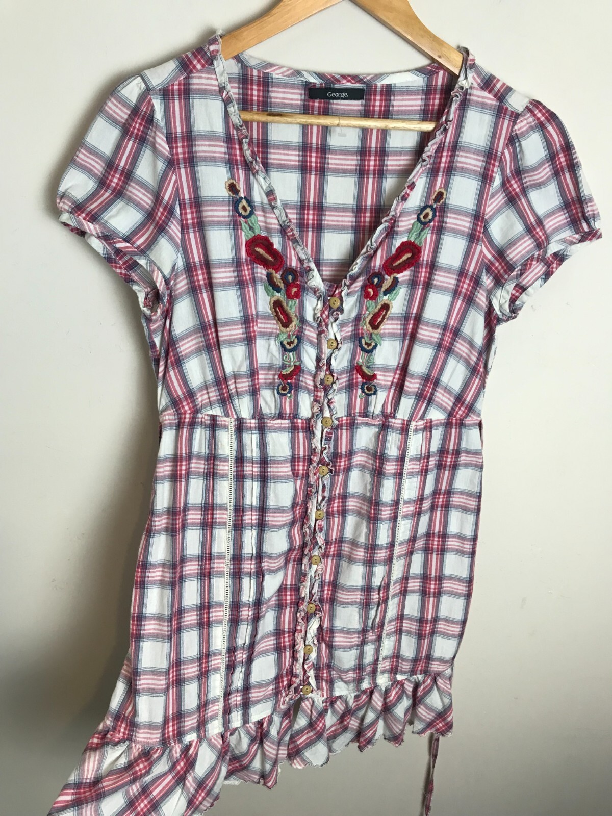 White Red Tartan Check Cotton Embroidered Summer Ruffle Dress size 12 George