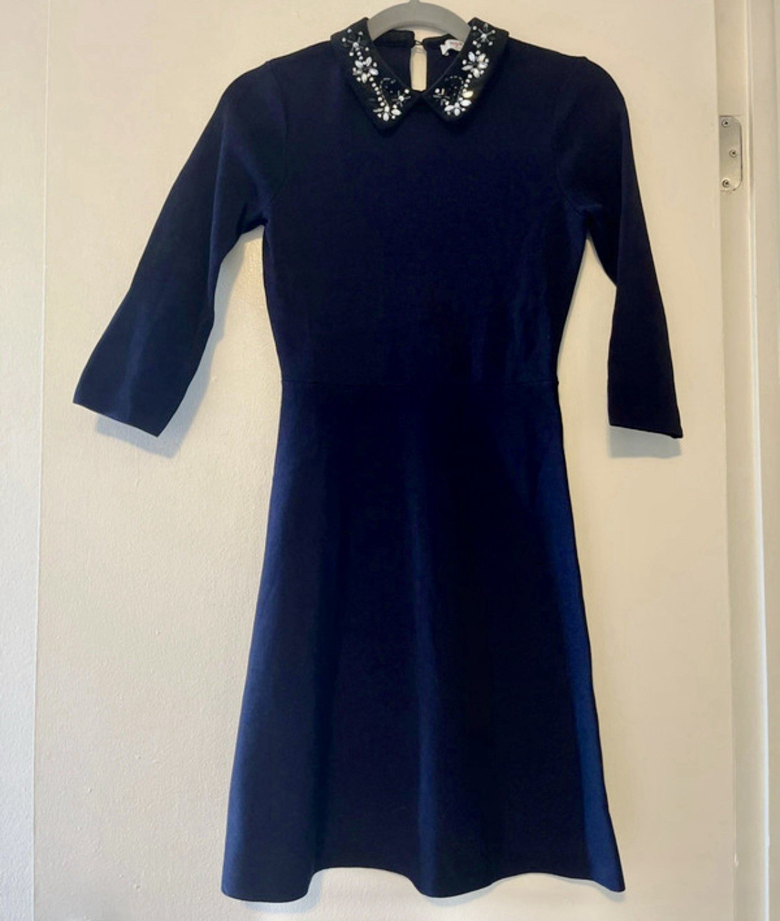 Morgan dark blue solid fit & flare dress, XS, short, beaded collared 3/4 sleeve