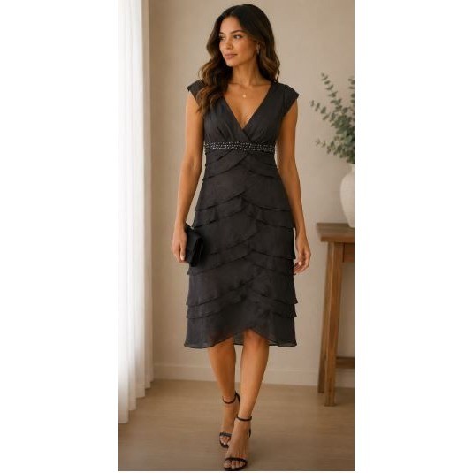 Alex Evenings Cocktail Dress Sz.6 Black Tiered Beaded LBD Wedding Classic Formal