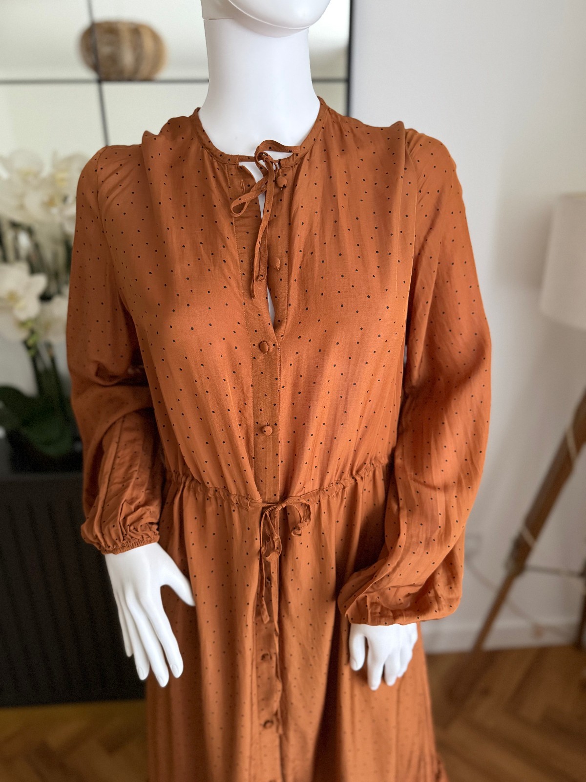Other Stories polka dot ruffled midi dress in Brown UK 10 EU 38 S