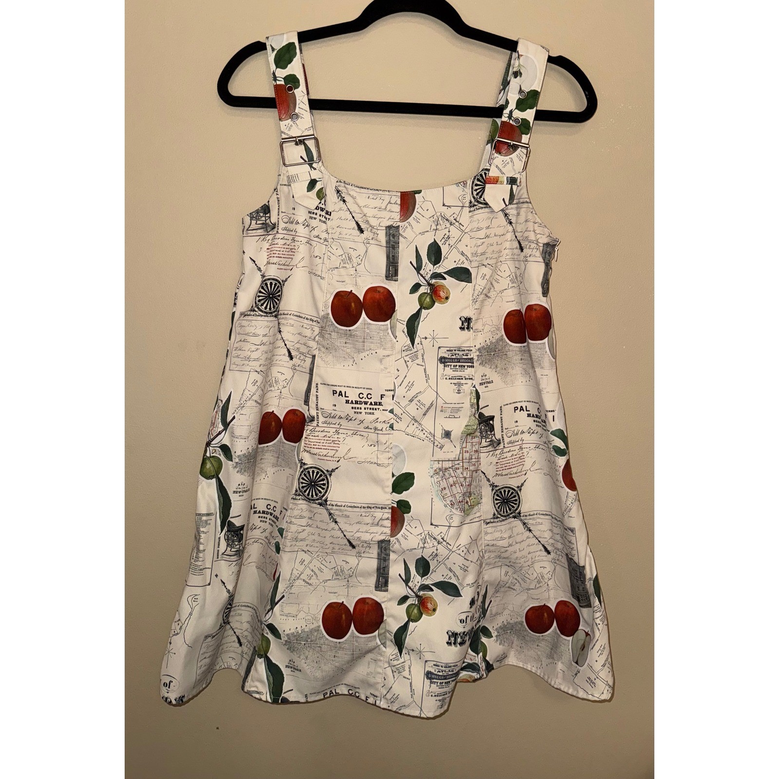 NYC Map Apple Print Pinafore Mini Dress Silver Buckle Straps Cream Sleeveless S