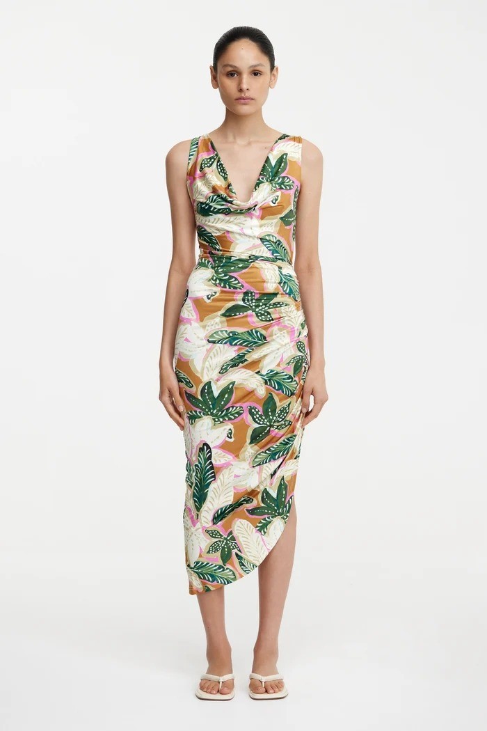 Significant Other Freda Palm Print Midi Dress Cowl Neck Ruched Bodice Sz 10