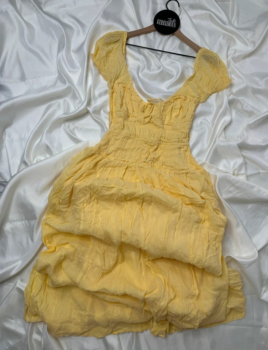 Free People Yellow Solid Square Neck Backless Smocked Puff Sleeve Midi P