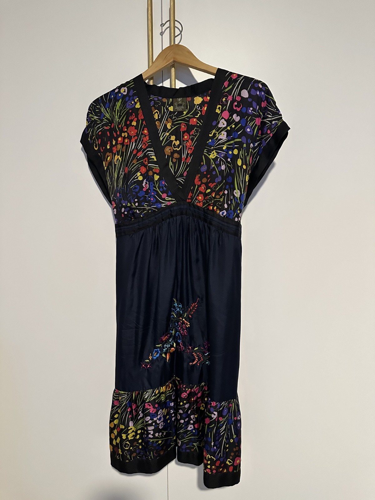 Fei Athropologie colorful floral navy dress size US women’s L deep v neck