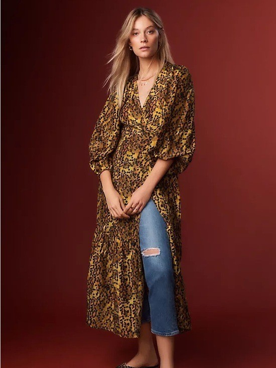 Anthropologie Carolina K Leopard Print Saffron Wrap Maxi Dress Sz Large