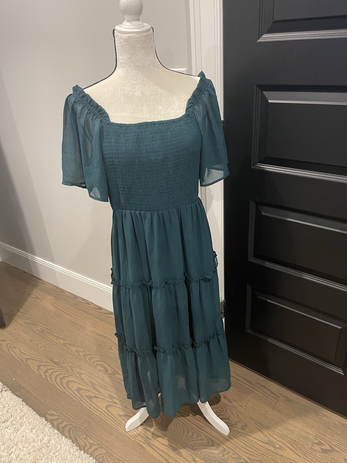 Lillusory Emerald Green Chiffon Layered Flutter Sleeve Dress Summer XL