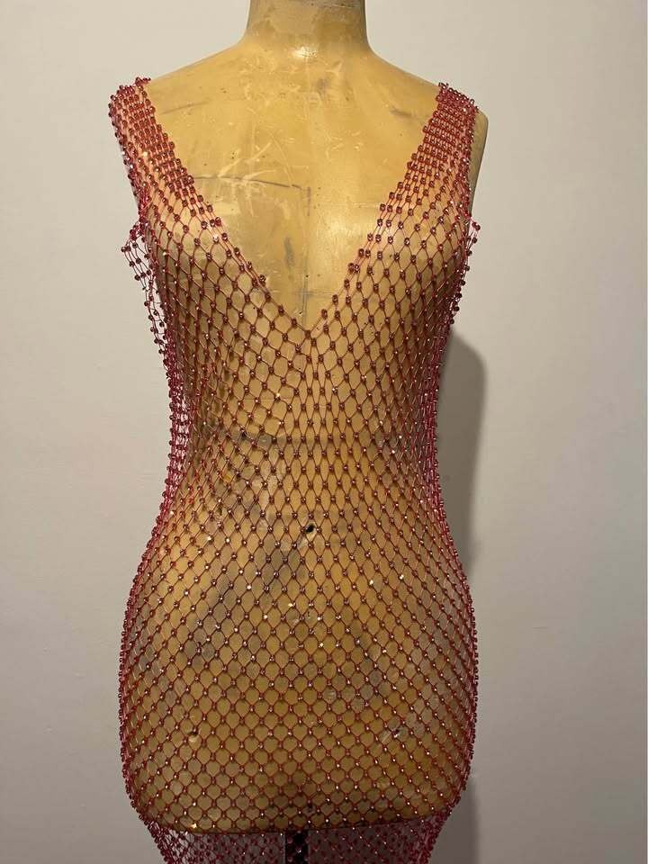 Pink Rhinestone Fishnet Maxi Dress
