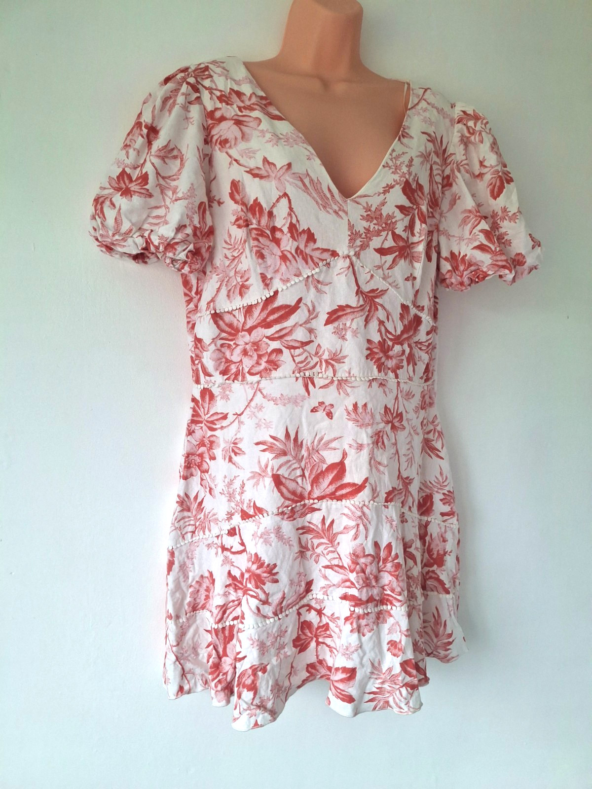 Lipsy Womens Pink Floral Knee length Dress Uk18 Linen Blend V Neck Casual Travel