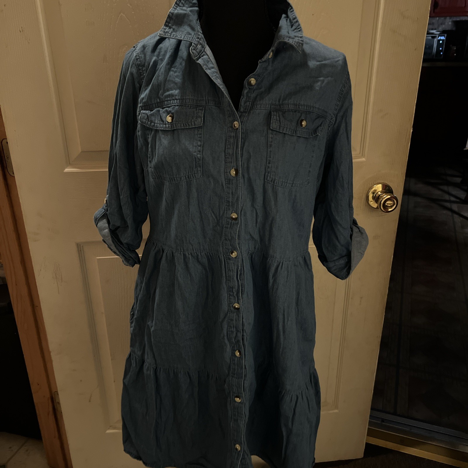 Millennium Denim Button Front Dress 3/4 Sleeves With Top Pockets PP40” L37” M