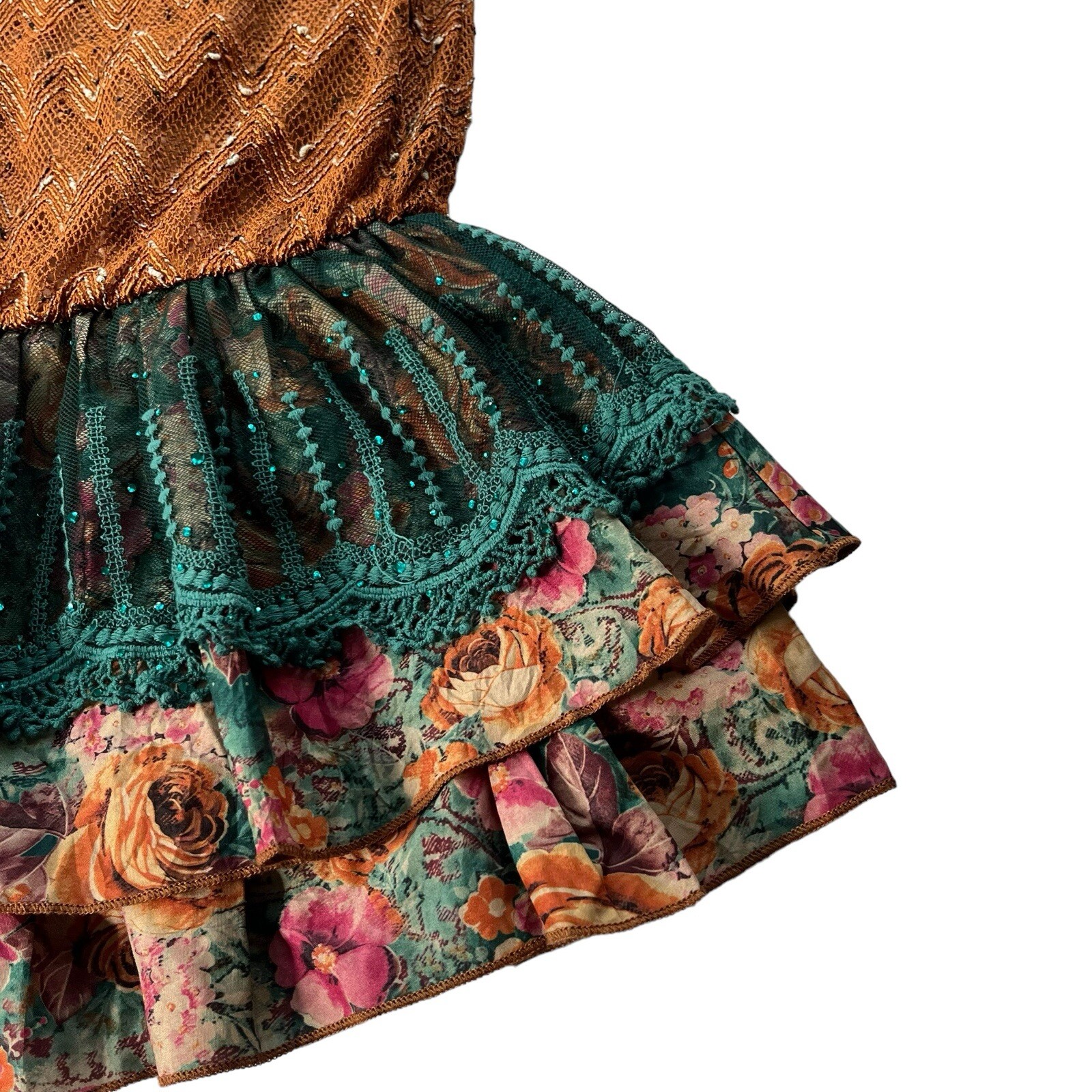 He Juan Womens Medium Brown Teal Sequin Silk Knit Tank Ruffle Layered Mini Dress