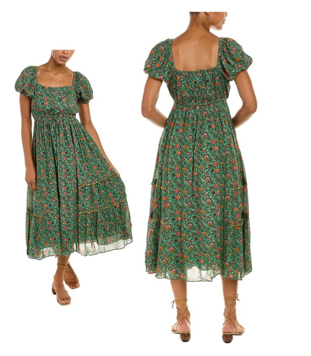 Celina Moon Floral Midi Dress Teal Blue Red Gold Boho Tiered Cotton Lined Large