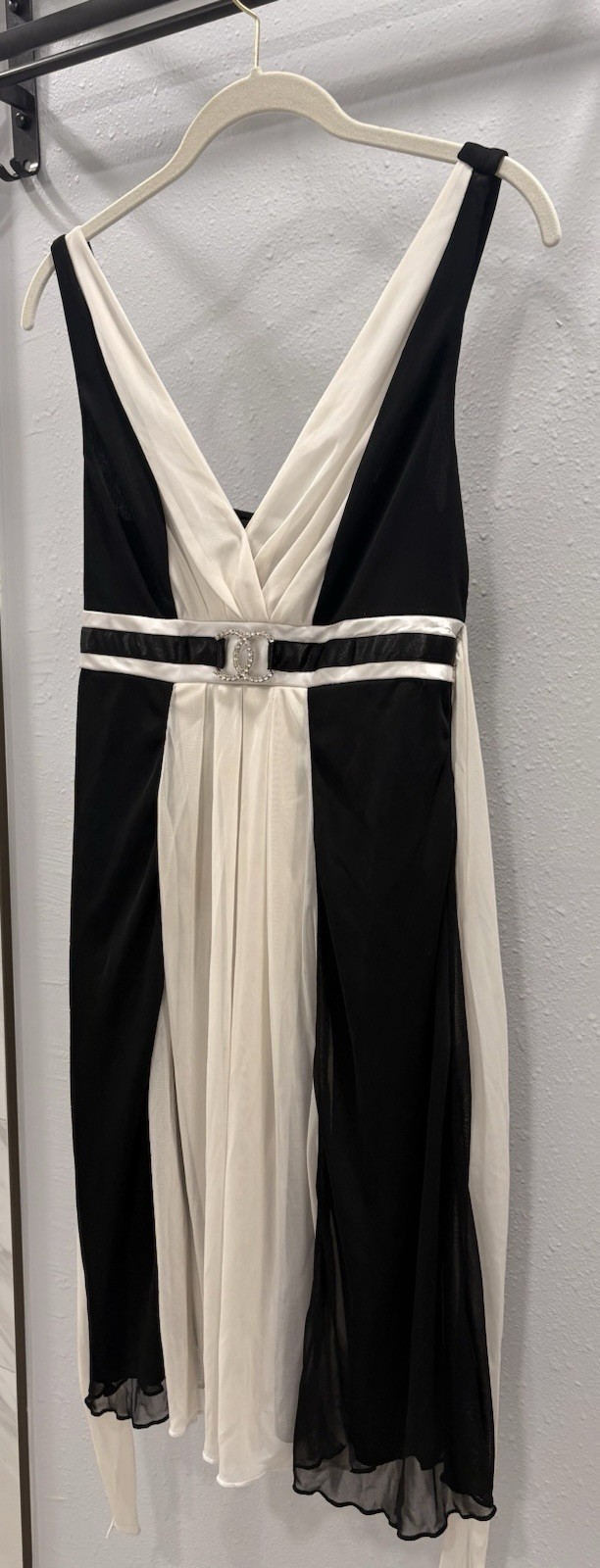 VINTAGE Ruby Rox Black & White Chiffon Formal Dress Rhinestone Buckle SizeMYouth