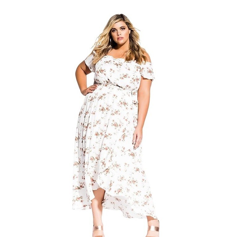 City Chic Womens Plus M 18 White Garden Art Floral Hi Low Dress NWT S71