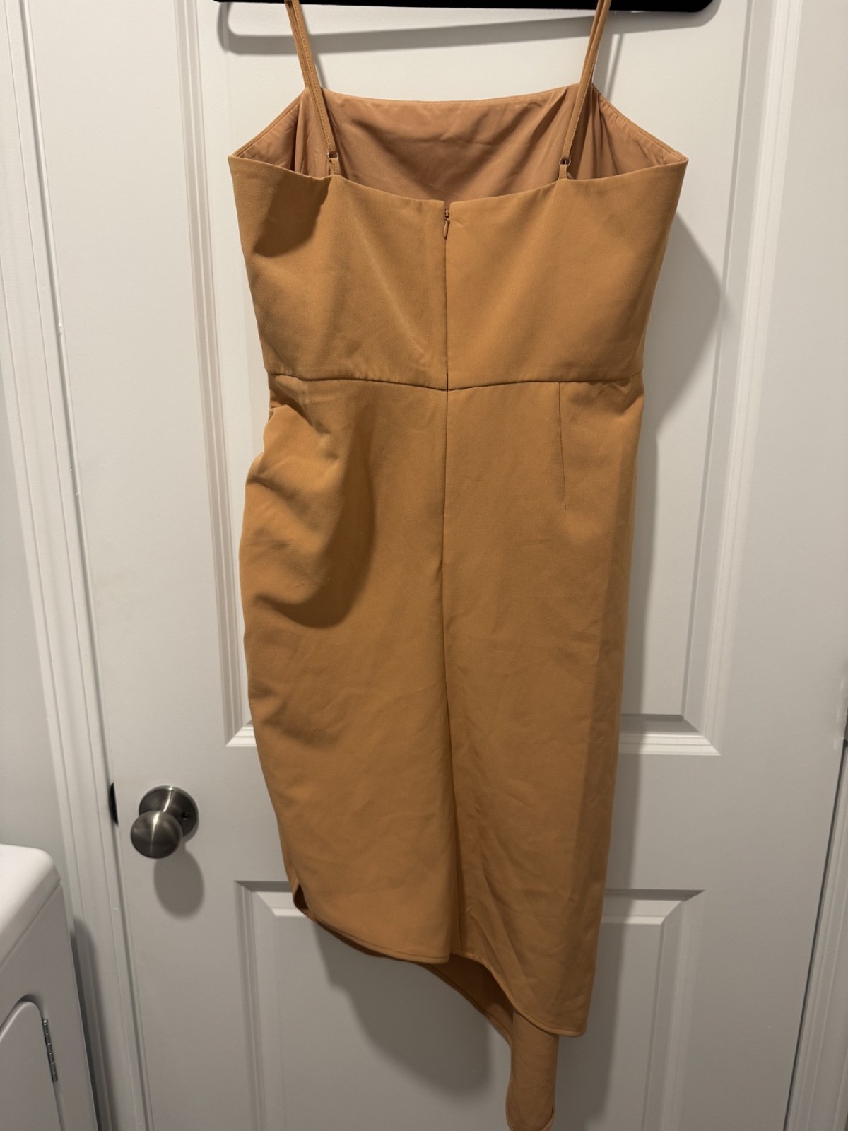 Gianni Bini Camel Asymmetrical Midi Dress Ruched Bodycon Cowl Neck Strappy Small