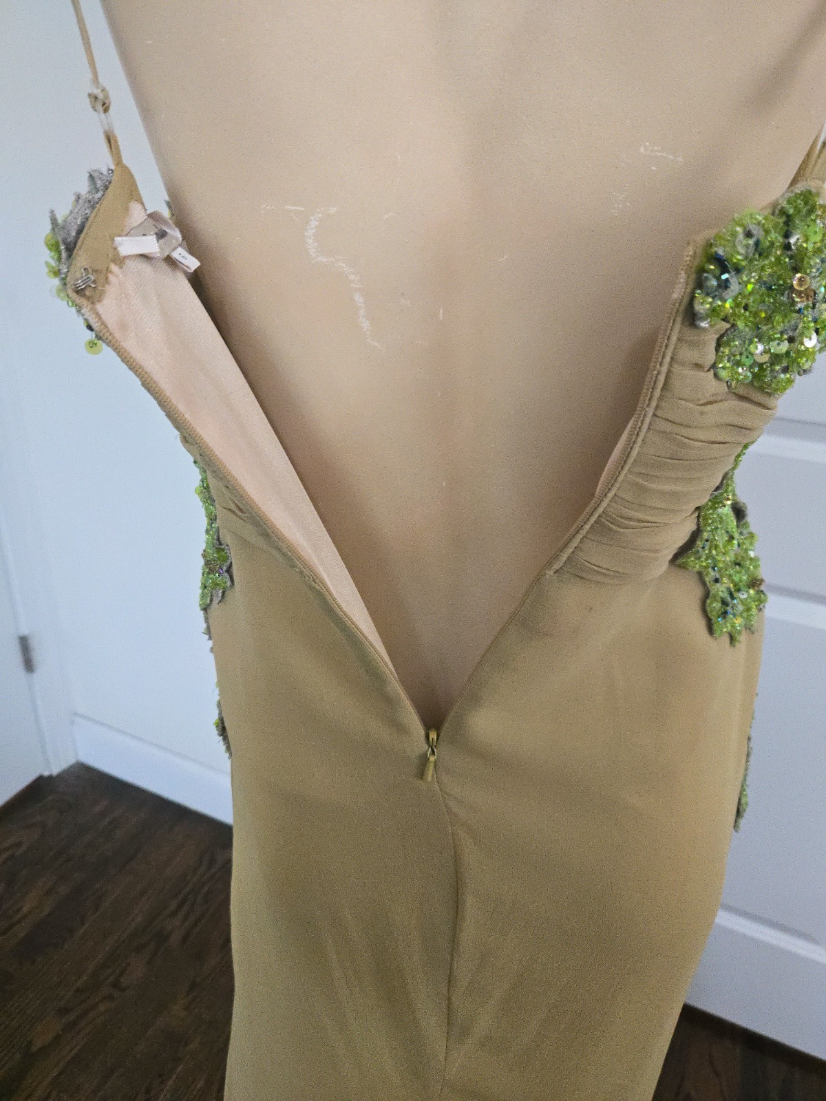 Vintage Mandalay Green Silk Beaded Sequin Y2K Plunging V Neck Evening Gown 6
