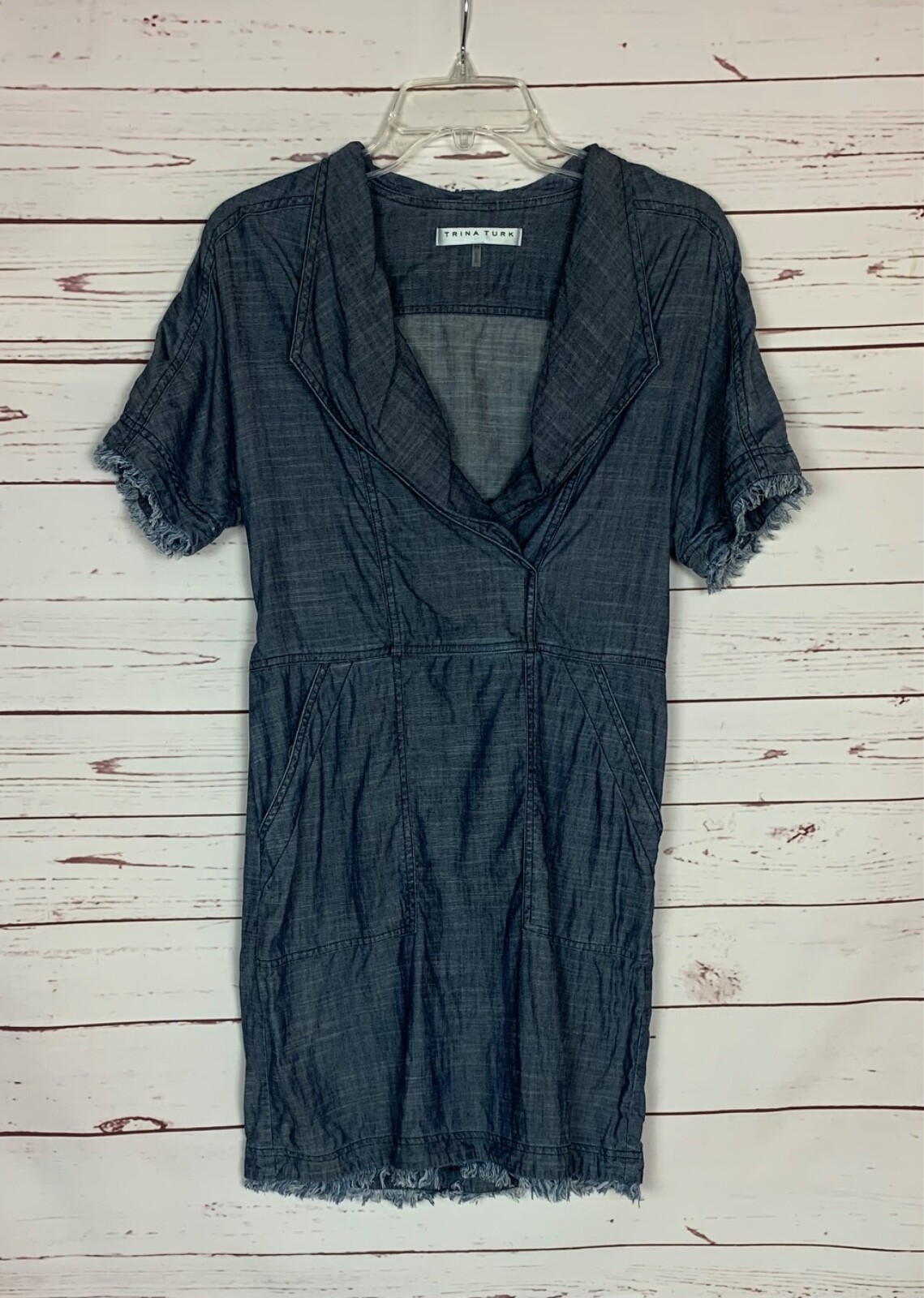 TRINA TURK Women’s XS Blue Denim Lyocell Linen Short Sleeve Spring Summer Dress