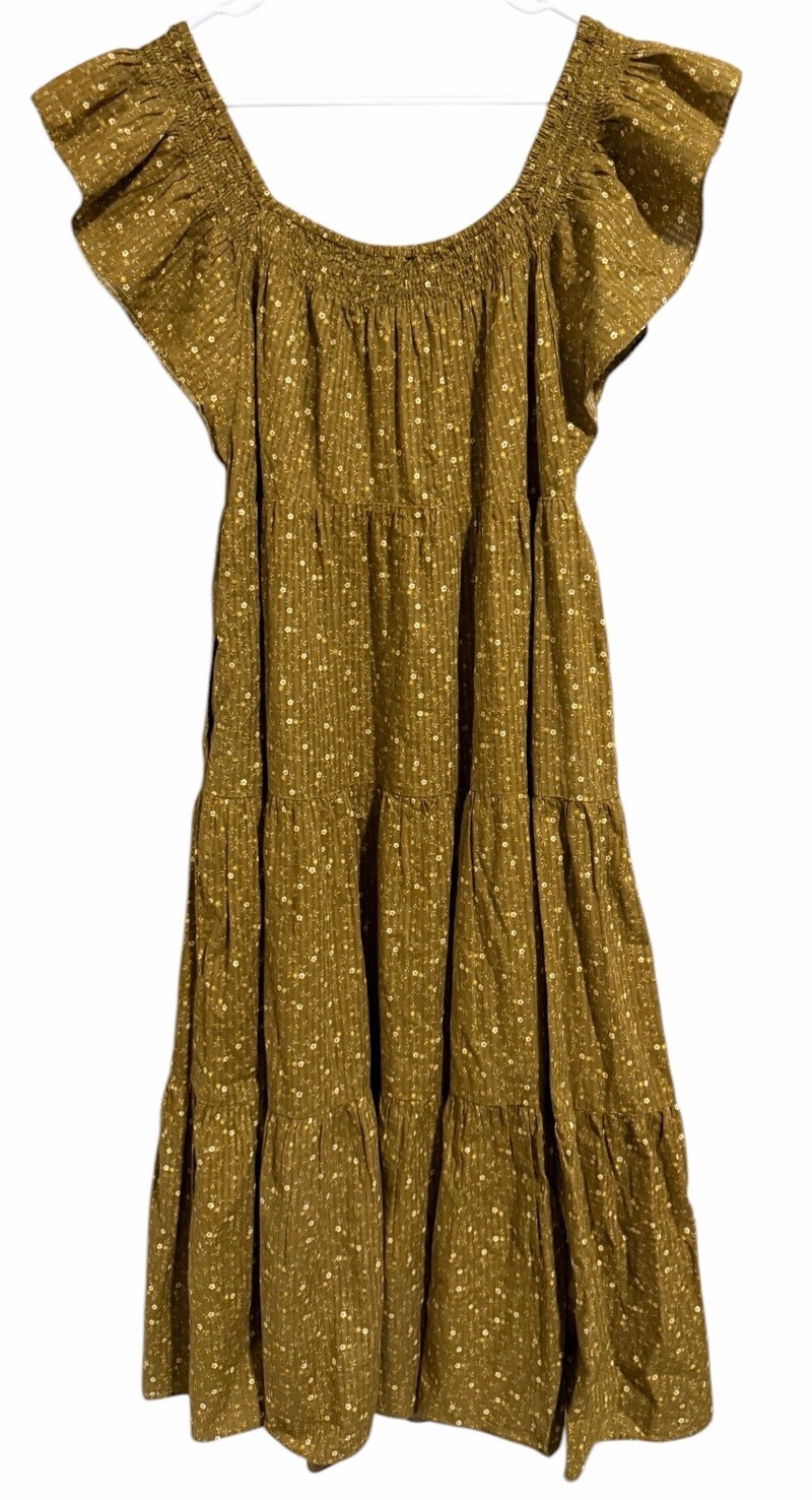 Madewell Ruffle-Sleeve Tiered Midi Dress in Daisy Stitch Weathered Olive Size L