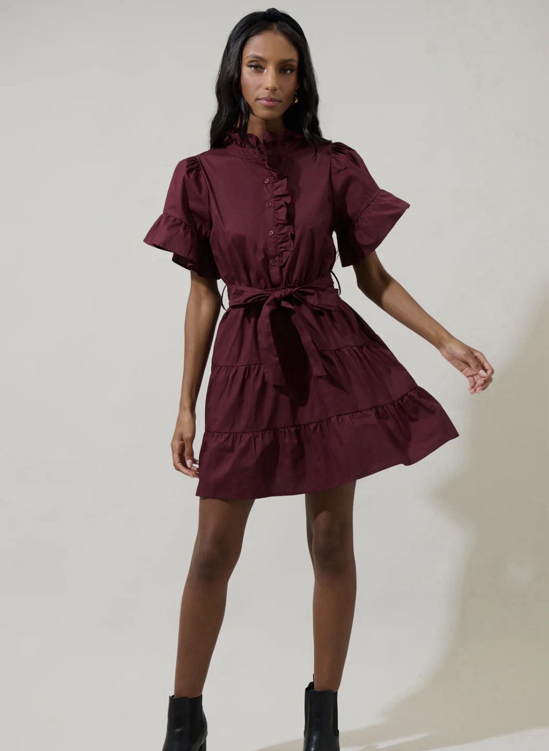 SugarLips 100% Cottonwood Ruffle Button Down Mini Dress Size Small Merlot Purple