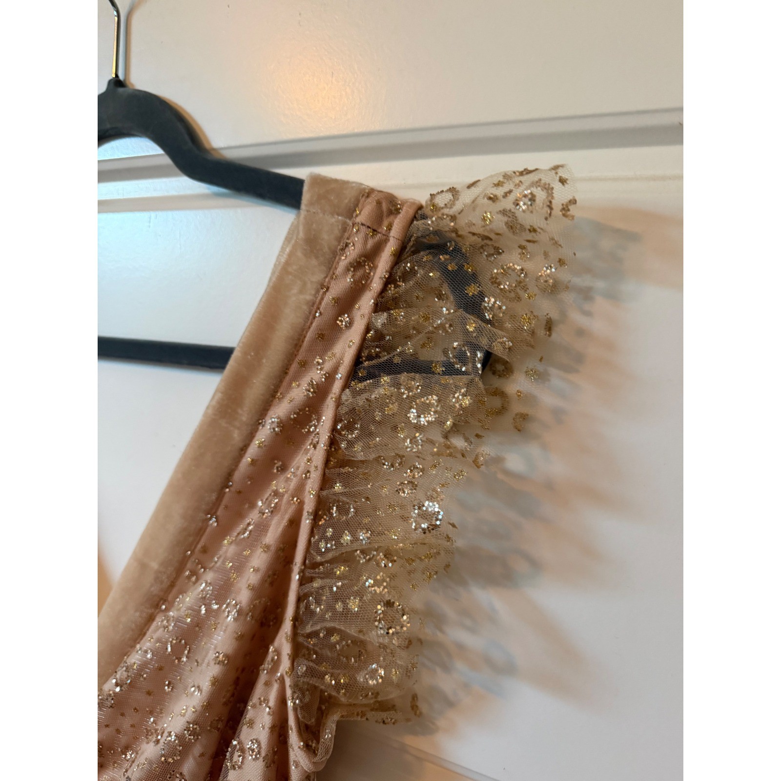Lulus Champagne Gold Glitter Tulle Tiered Mini Dress Small Fairycore Glam