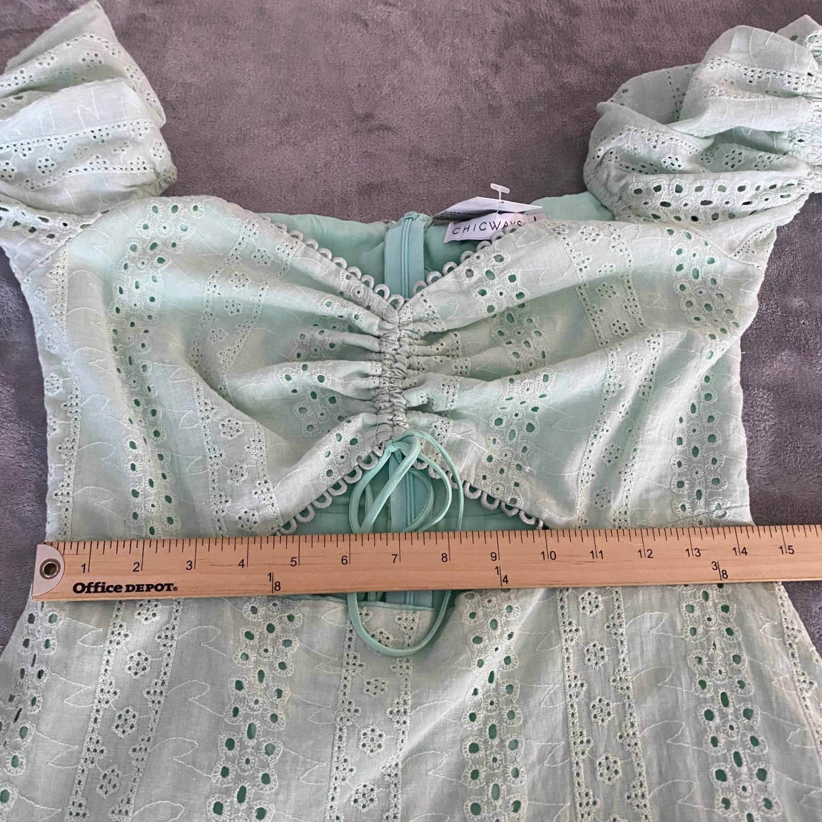 Chicways Eyelet Lace Mini Dress Womens L Mint Green Cutout Bell Sleeve NWT