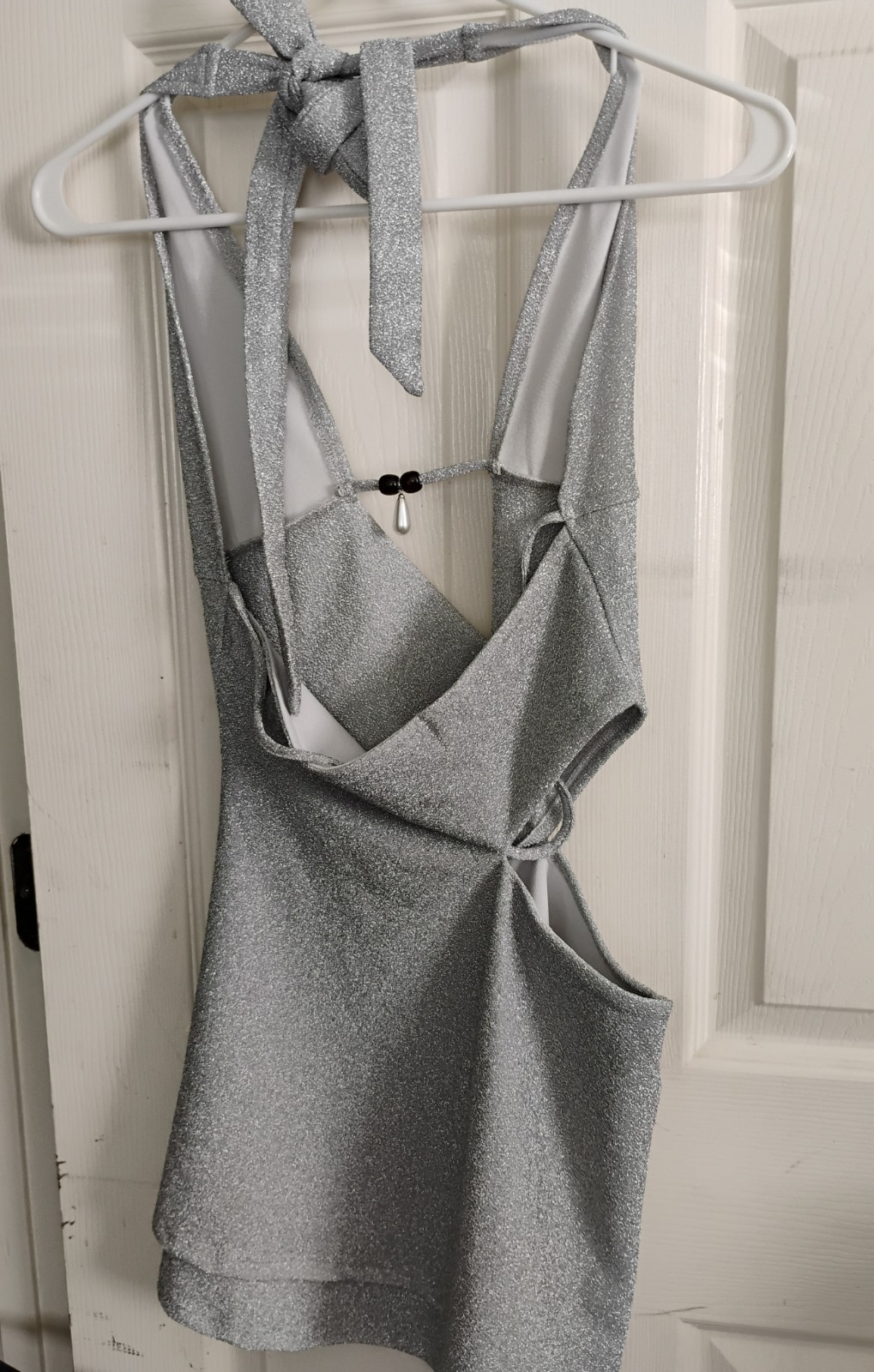 Sparkle Silver Halter Mini Dress Size S Plunge Open Back Shiny Metallic Cutout