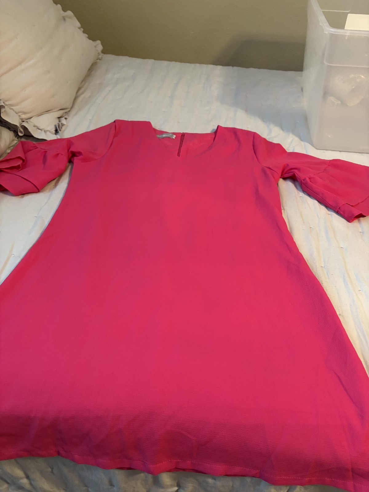 Belongsci M Shift Dress Pink Solid V-Neck 3/4 Ruffle Sleeve Chiffon BACK ZIP
