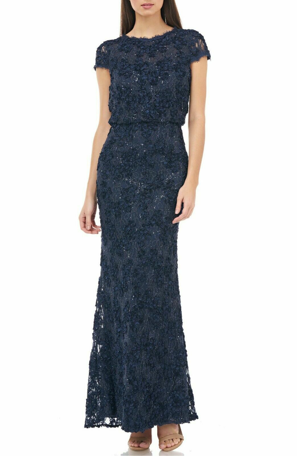 JS COLLECTIONS Navy Sequined Soutache Lace Blouson Bodycon Gown SZ 12 NEW