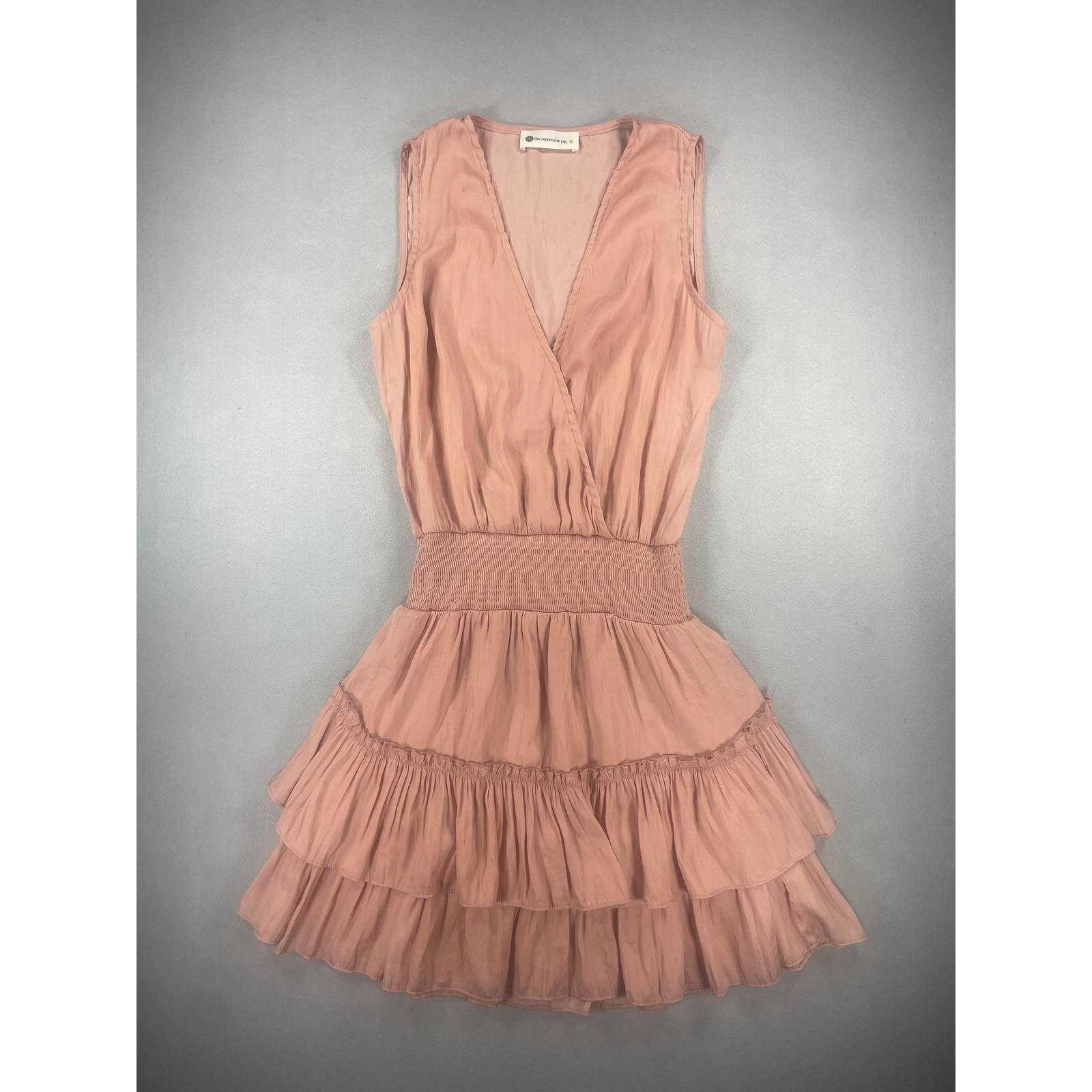 Impeccable Pig Blush Pink Smocked Waist Tiered Ruffle Mini Dress Small 11157D