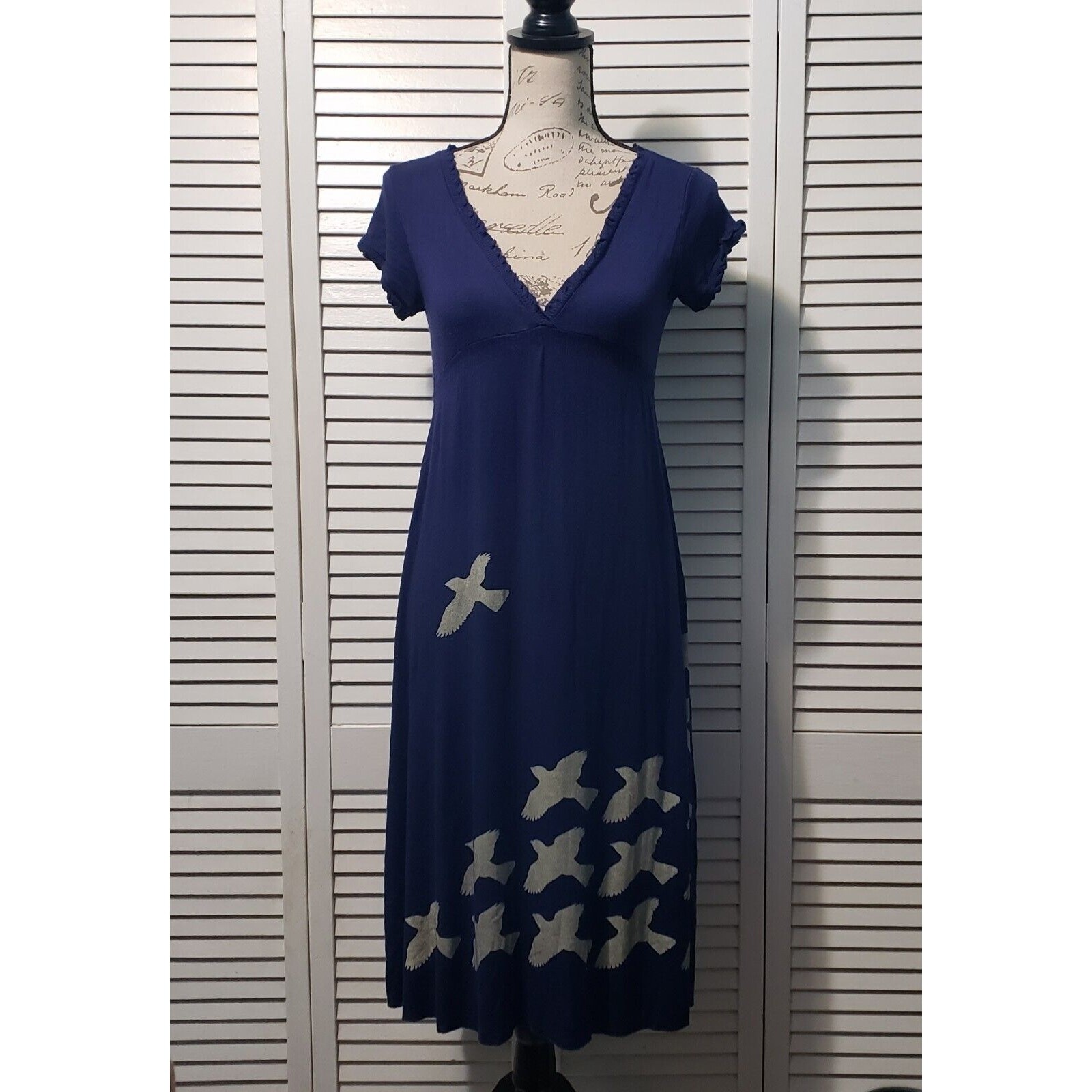 Pink Martini Midi Dress Women’s Small Navy Blue Bird Pattern V-Neck Cap Sleeve