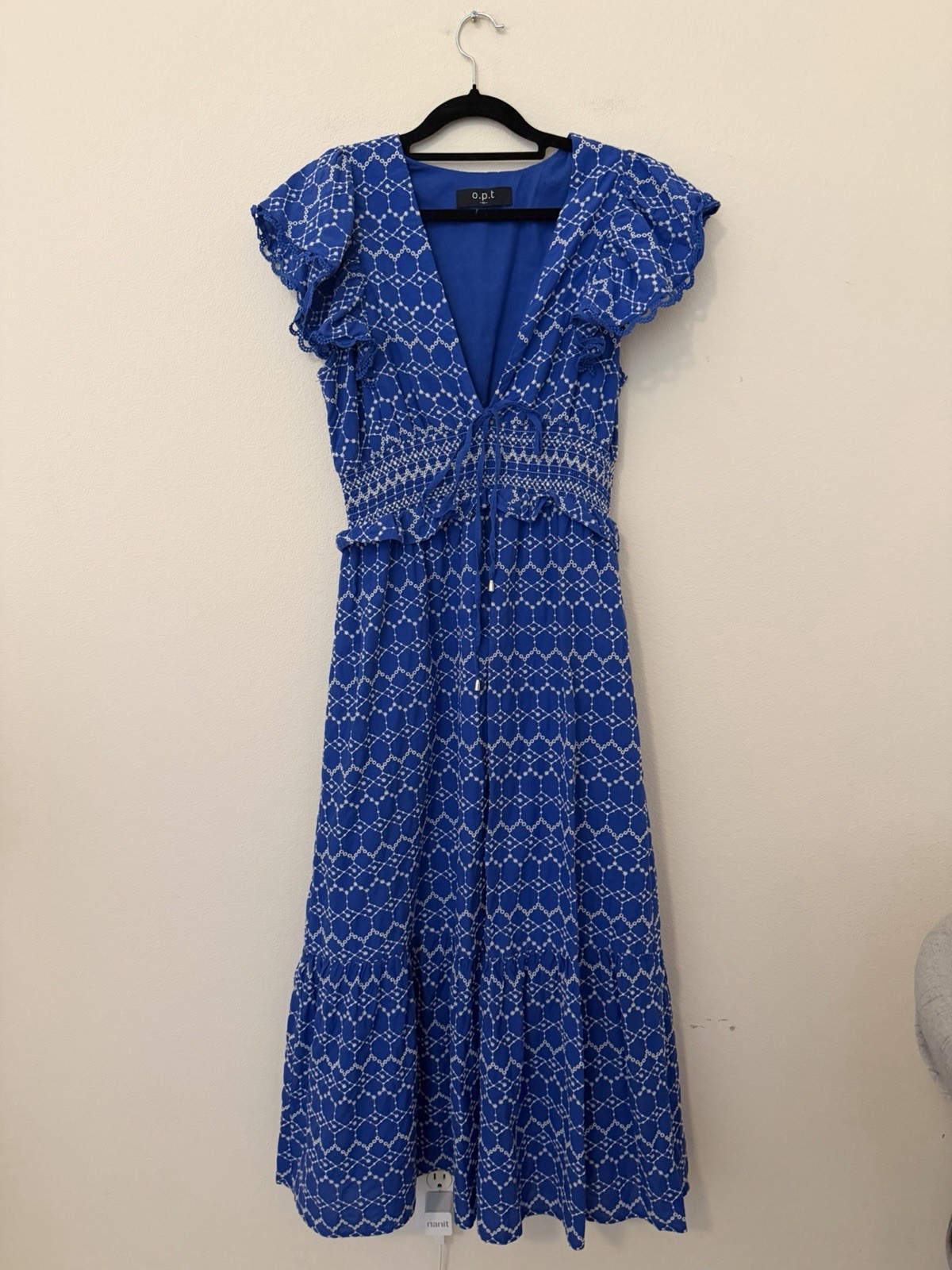 OPT Blue Eyelet Midi Dress Size Medium Flutter Sleeves Smocked Waist Feminine