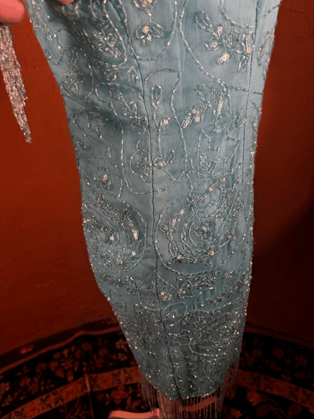 Vintage 1980s Aqua Blue Silk Beaded & Sequin Cocktail Dress Bead Fringe Sleeves