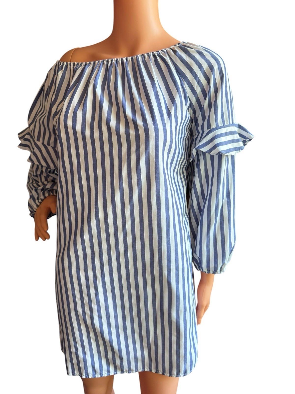 Style Envy Blue White Striped Off Shoulders Shift Dress Ruffle Sleeve Women’s L