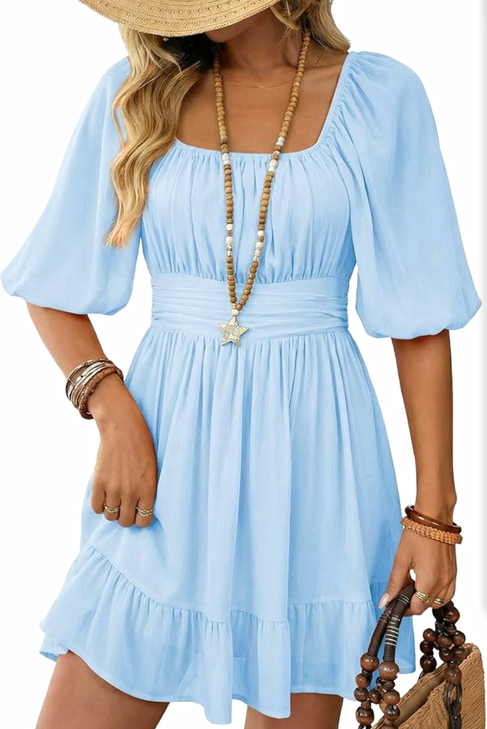 Women’s Blue Square Neck Puff Sleeve Open Back Tie Ruffle Hem Mini Dress M