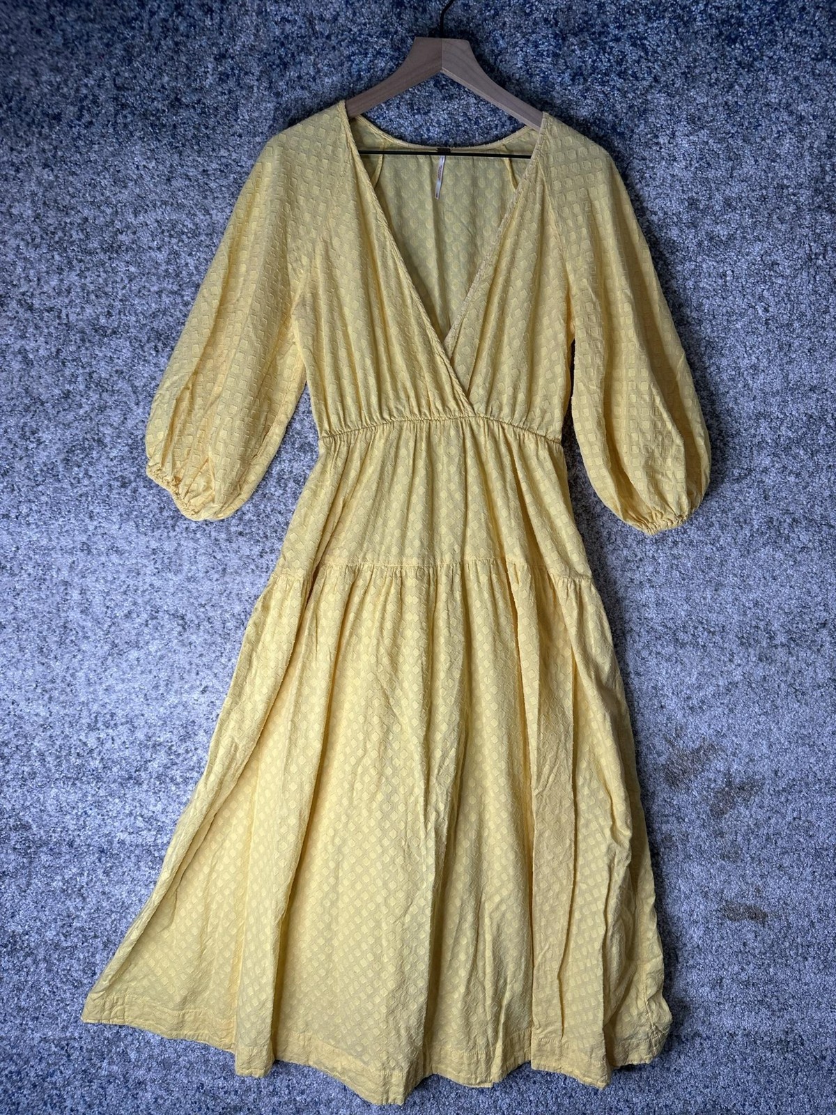 Free People Dress Womens Small Yellow Cotton Jacquard Wrap Maxi 3/4 Sleeve Boho