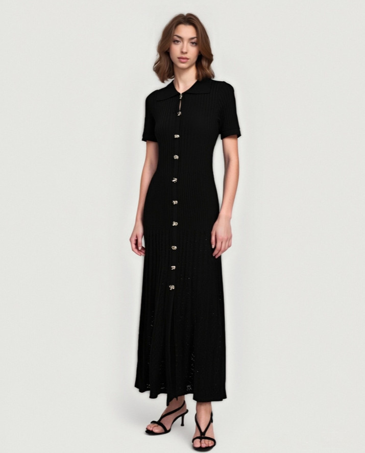 Women’s Button V Neck Sweater Dress Short Sleeve Shirt Knit Midi Dress