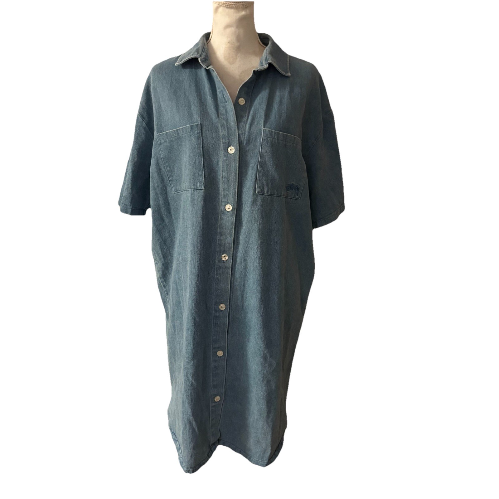Stussy Dress Blue Denim Button Logo Pockets Women’s Size Large