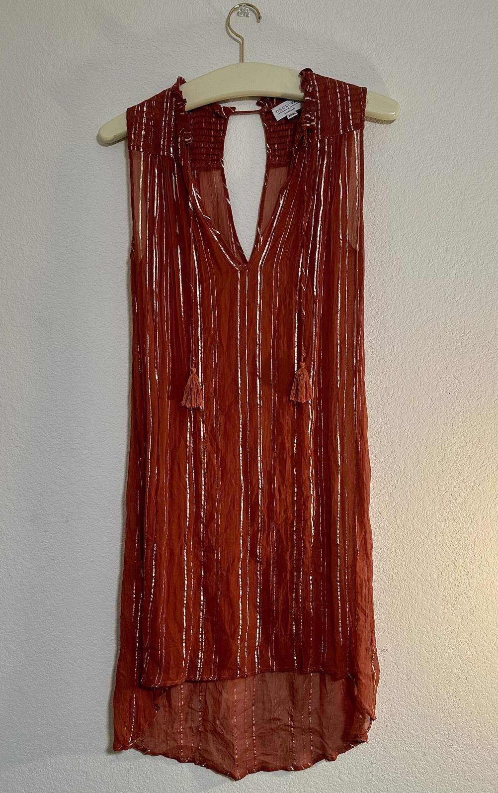 Once Was Melbourne Orange Red Rust Bohemian Peasant Shift Dress Sheer Size 2