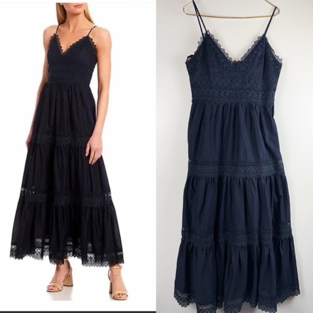 Antonio Melani Sz 10 navy blue sleeveless A-line maxi dress Crotchet