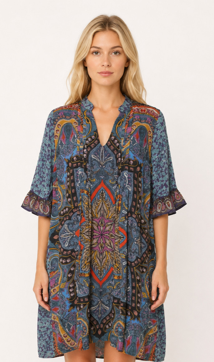 NIZA Spain Blue Paisley Shift Dress Beaded Bohemian Ruffle Sleeve Tunic Size 10