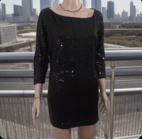 Black Sequin Dress (SIZE TAG MISSING) Bust 32in Length 30in Boat Neck 3/4 Sleeve