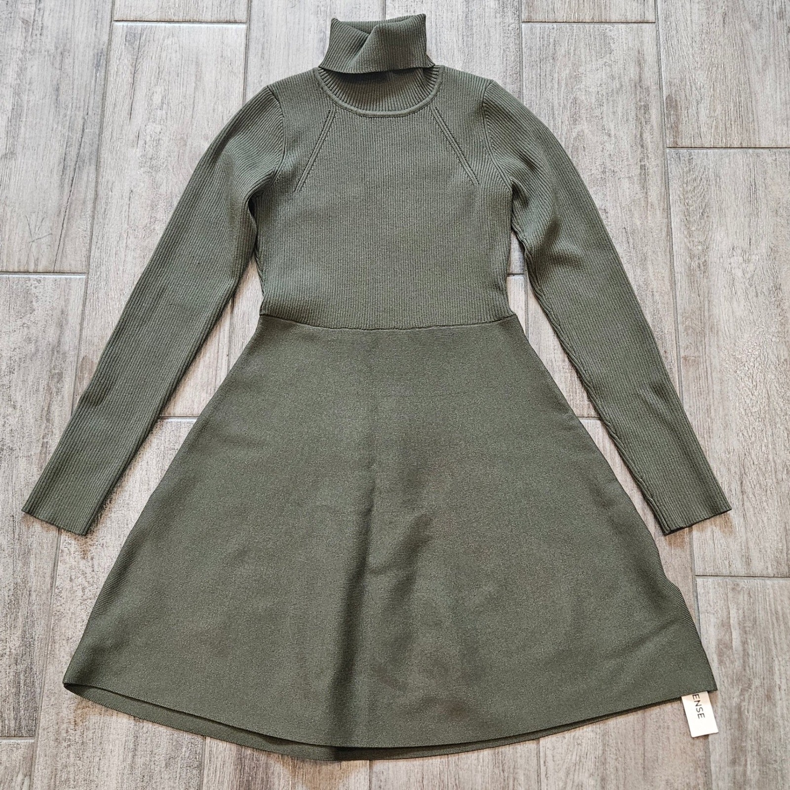 Commense Sweater Dress Size M Green NEW Turtleneck Ribbed Fit Flare Dark Academi