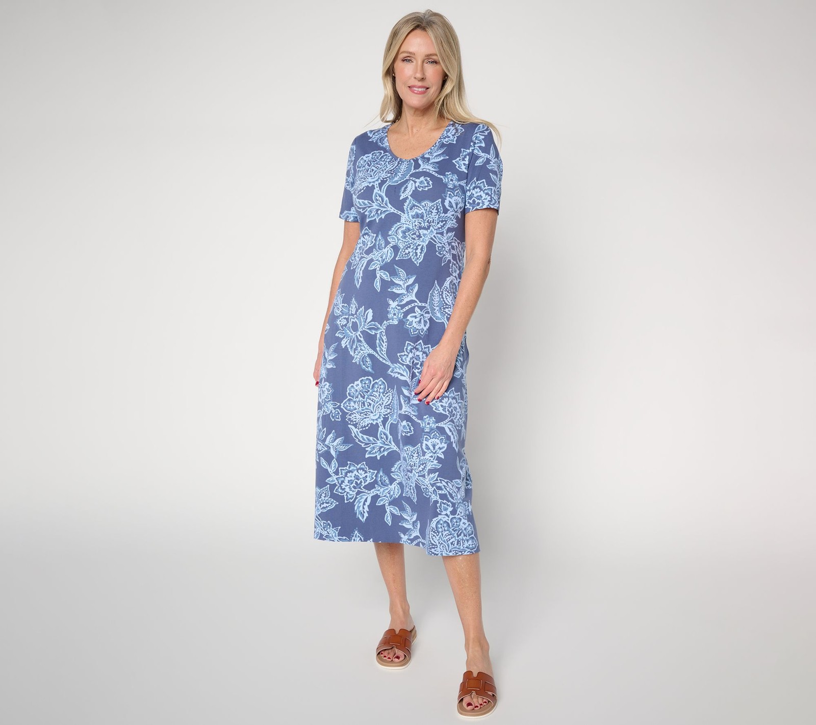 Denim & Co. Beach Jersey Regular Midi Dress with Pockets Indigo Floral M New
