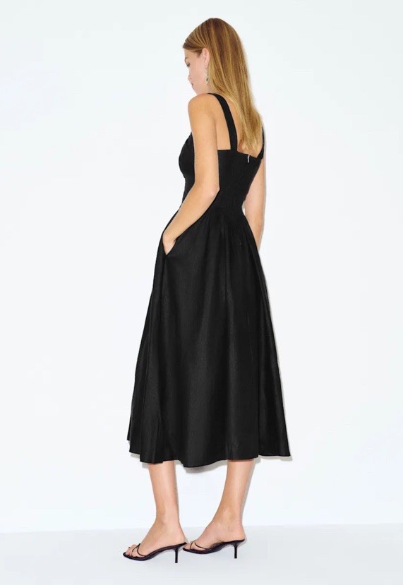 New Reformation Balia Black 100% Linen Scoop Neckline Midi Dress Size 6