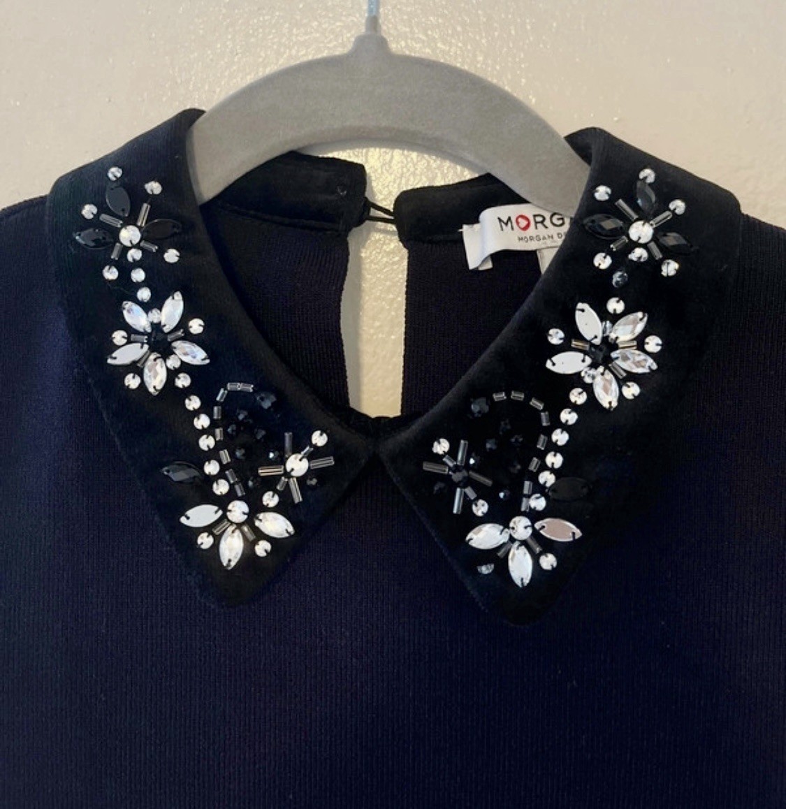 Morgan dark blue solid fit & flare dress, XS, short, beaded collared 3/4 sleeve