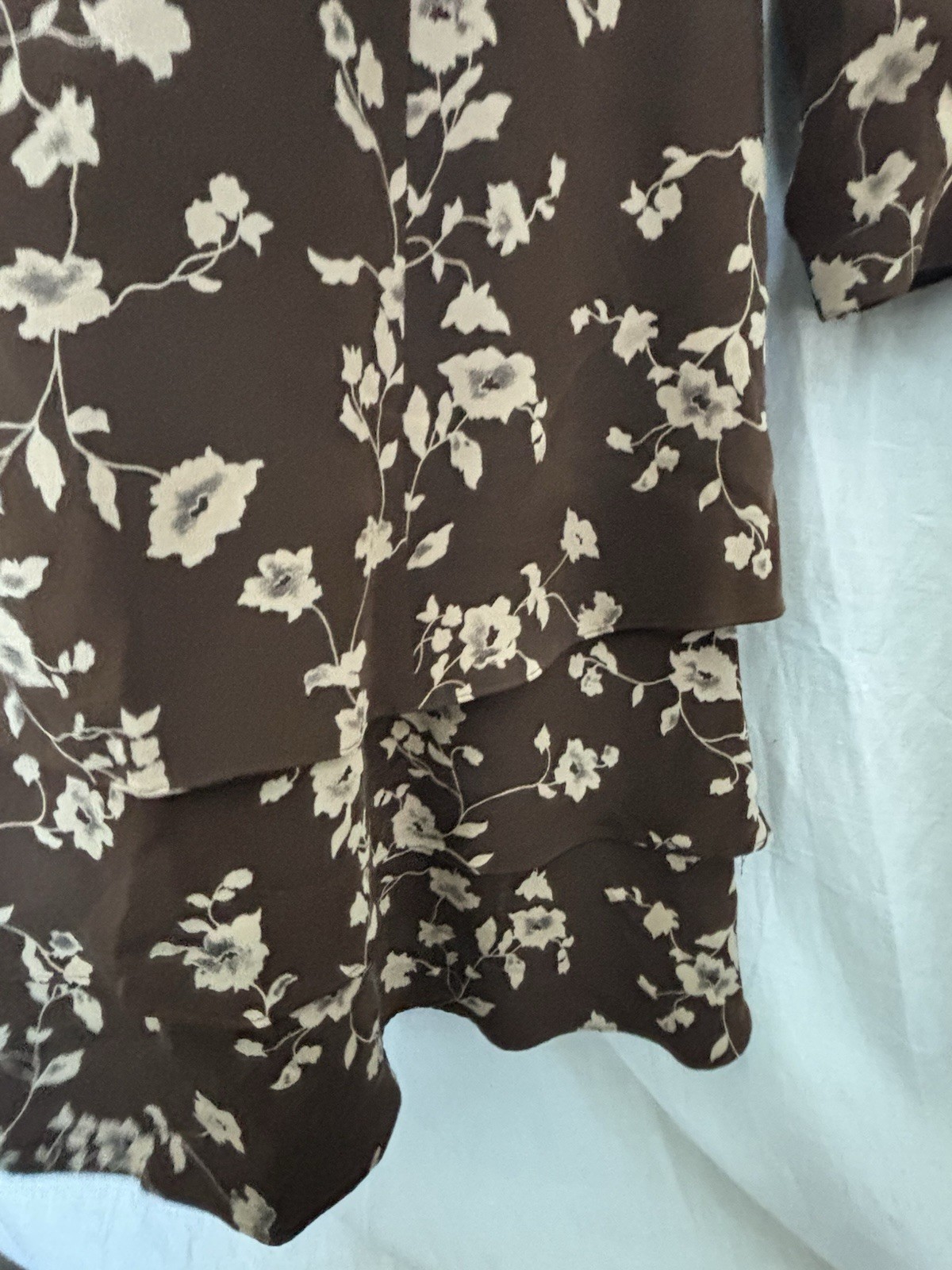 VTG Brown Beige graphic Floral Print Dress 100% Silk Back Zip Tiers PATRICK 14
