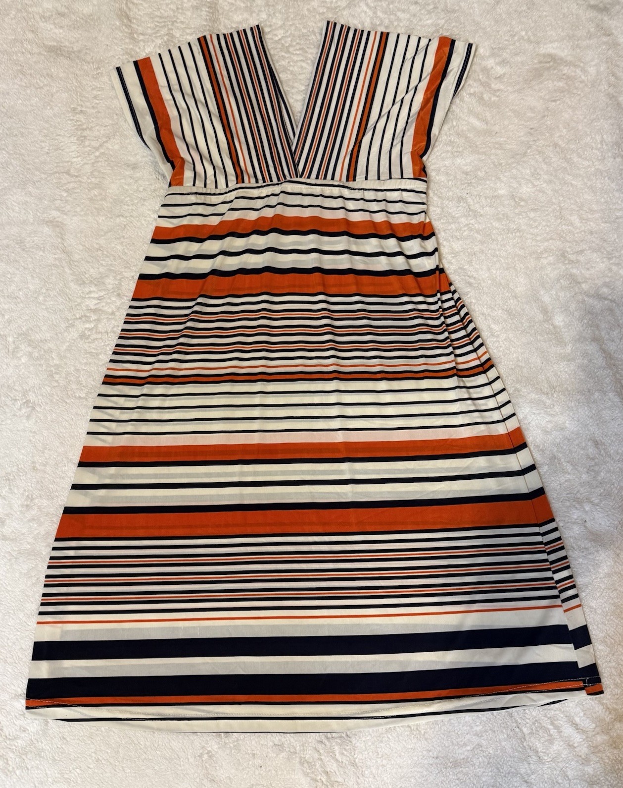 Second Skin NYC Striped V-Neck Midi Dress – Orange, Navy, White Size Large